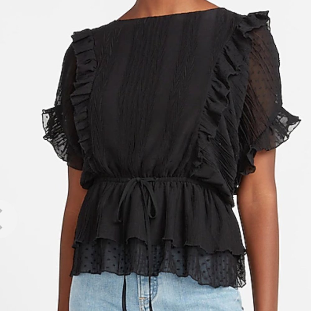 Express Clip Dot Ruffle Tie Waistband Peplum Top